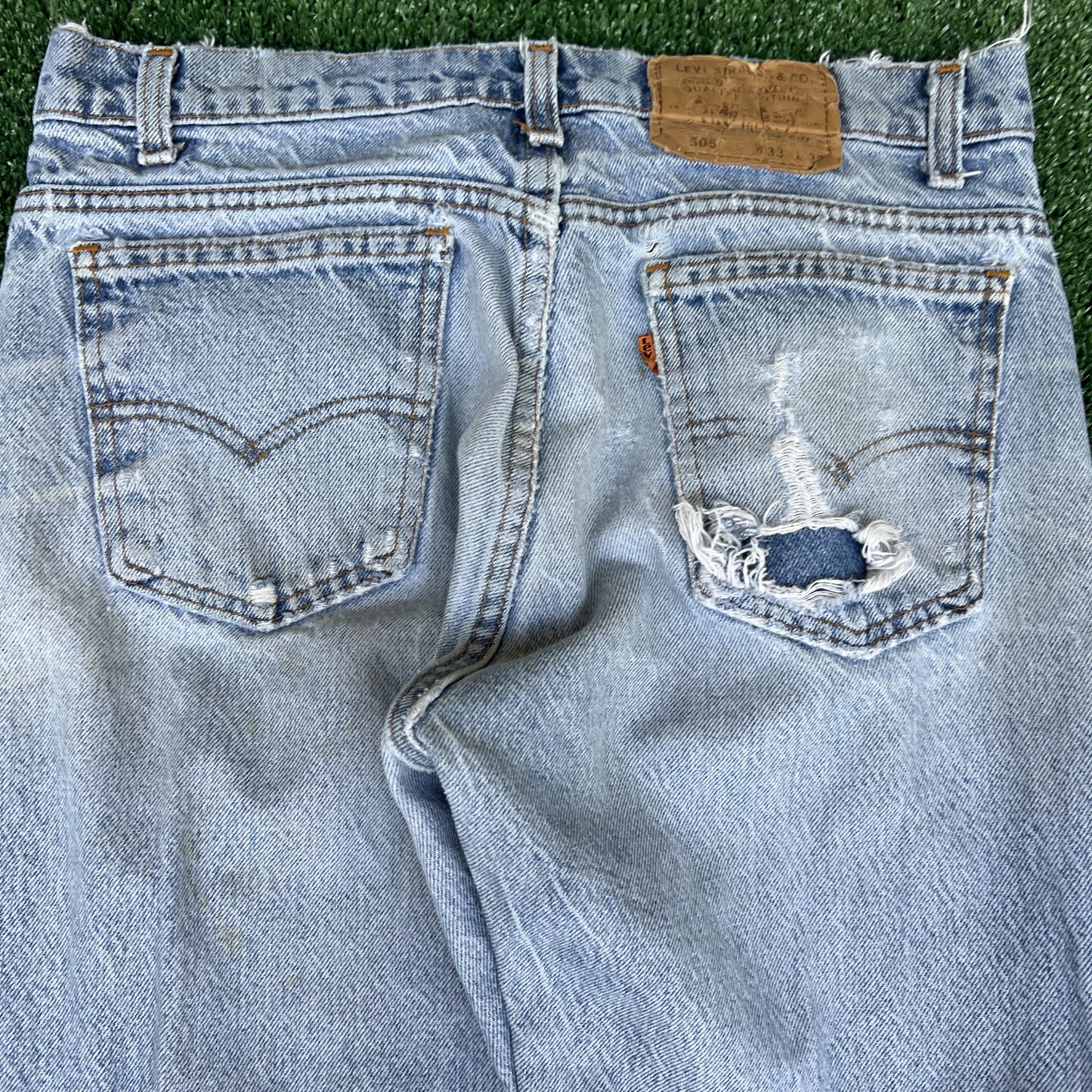VTG 90s Levi's 505 Orange Tab Zip Fly Straight Leg Distressed Blue Jeans 33x32