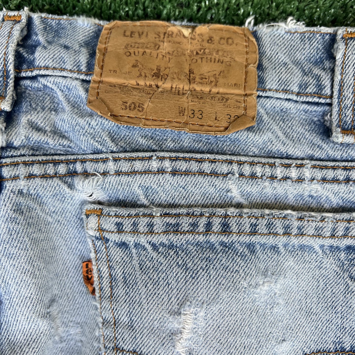 VTG 90s Levi's 505 Orange Tab Zip Fly Straight Leg Distressed Blue Jeans 33x32
