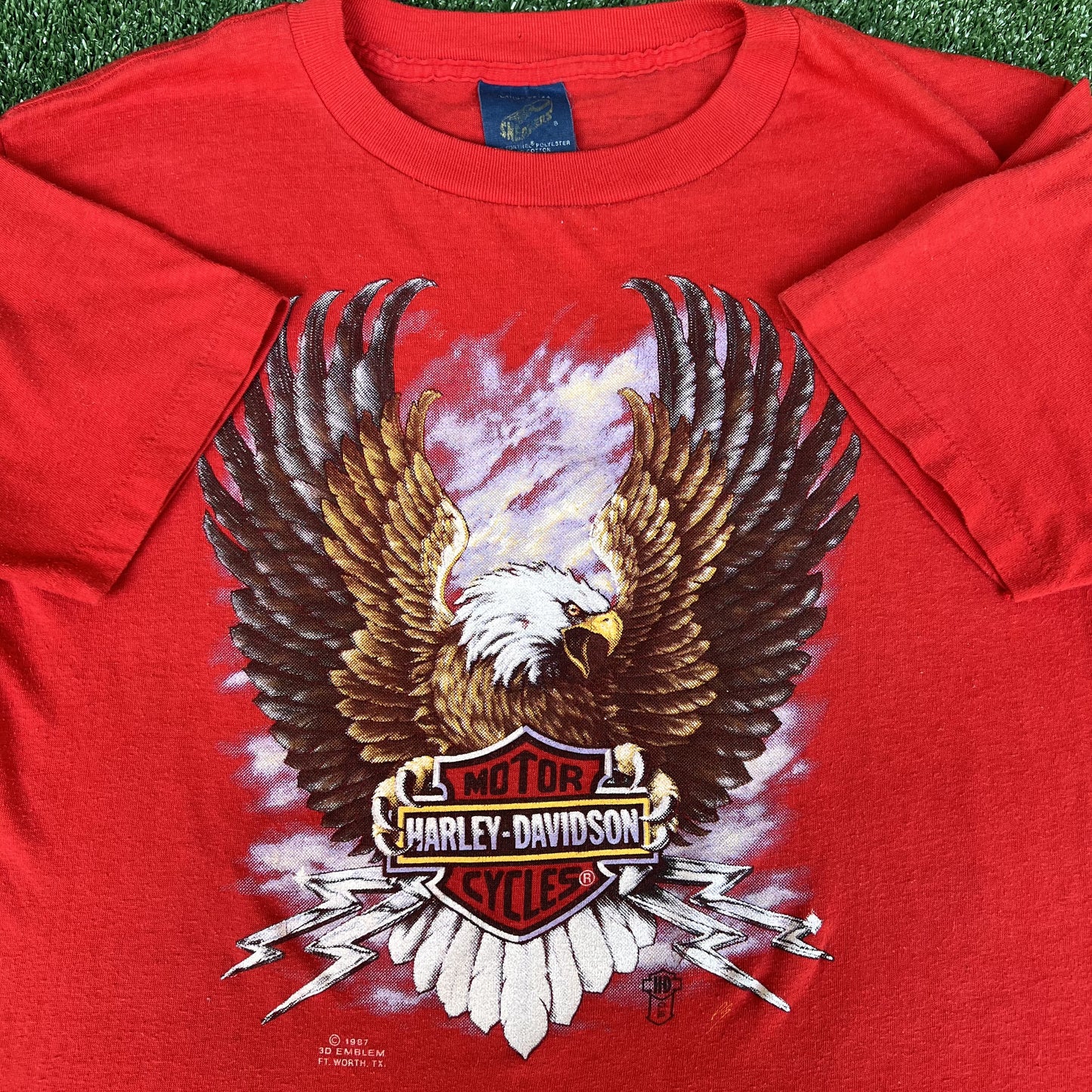 VTG 80s Mens Harley Davidson 3D Emblem Eagle Lightning Red T-Shirt Large 19x24"