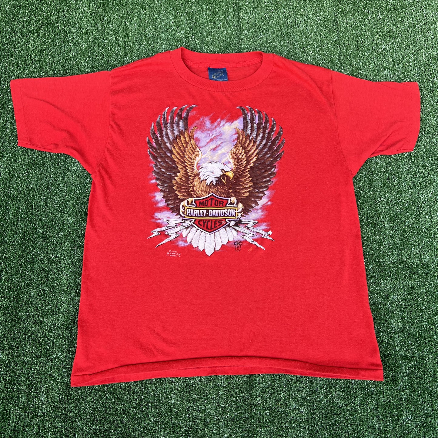 VTG 80s Mens Harley Davidson 3D Emblem Eagle Lightning Red T-Shirt Large 19x24"