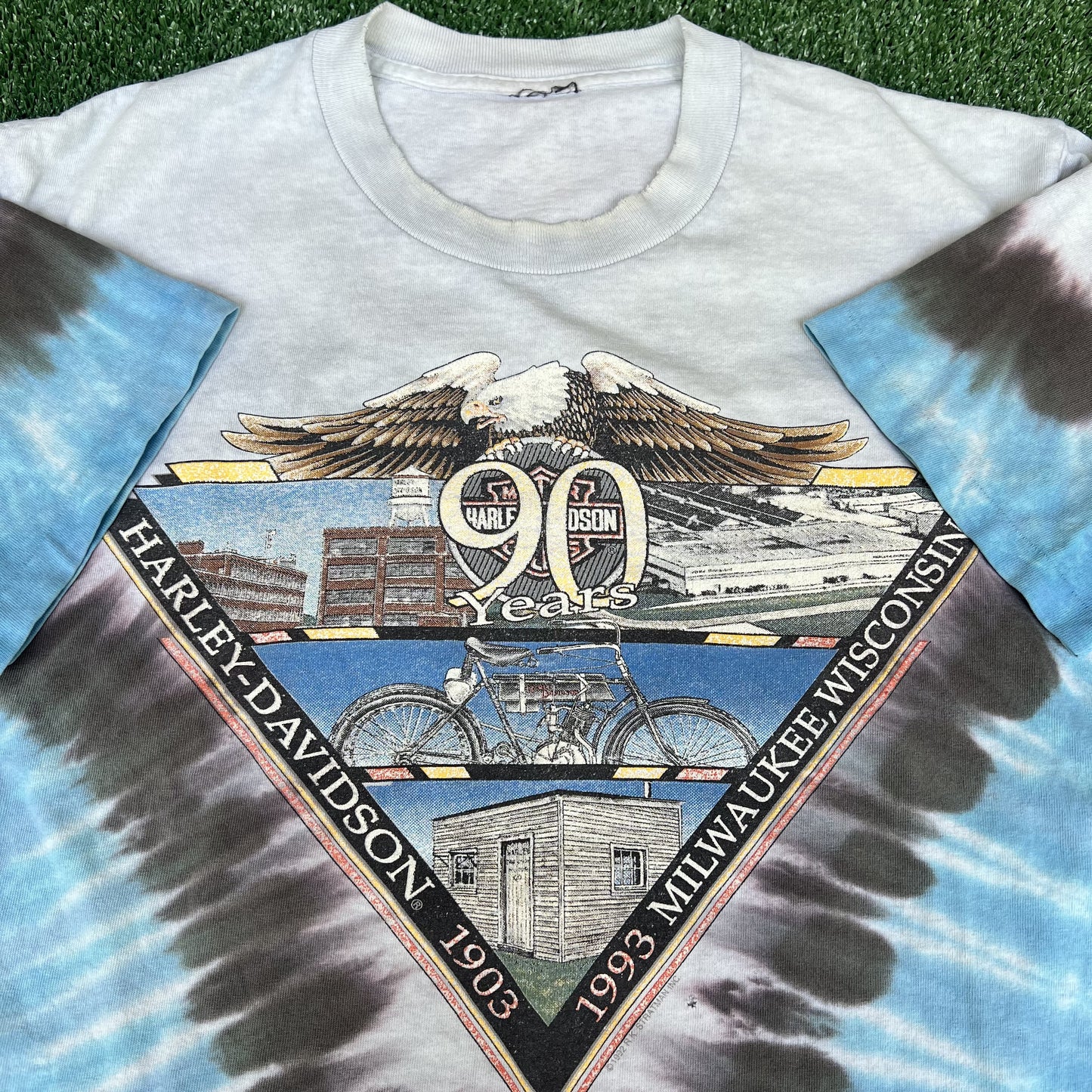VTG 90s Men's Harley Davidson Blue White Tie-Dye Single Stitch T-Shirt Medium