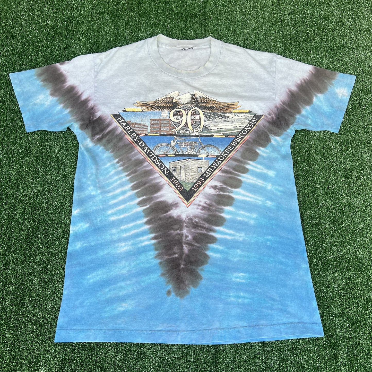 VTG 90s Men's Harley Davidson Blue White Tie-Dye Single Stitch T-Shirt Medium