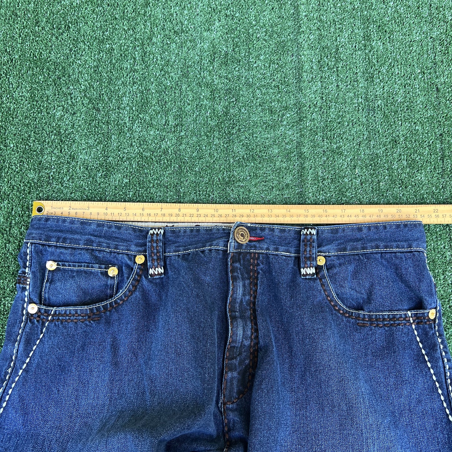 VTG Y2K Coogi The Luck Country Western Cowboy Wide Leg Indigo Blue Jeans 44x35
