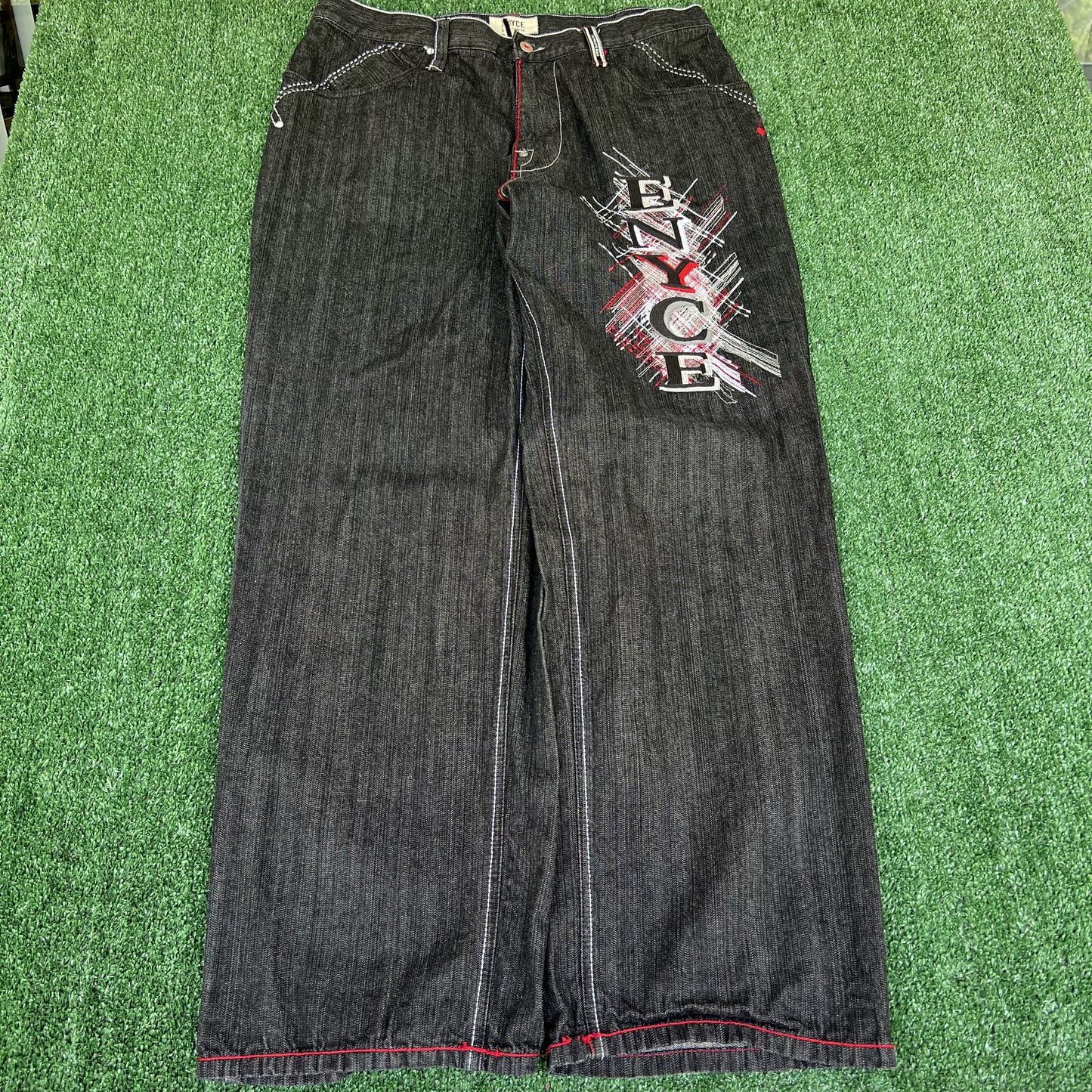 Vintage Y2K Men's Enyce Spellout Embroidered Black Wide-Leg Baggy Jeans 36x32
