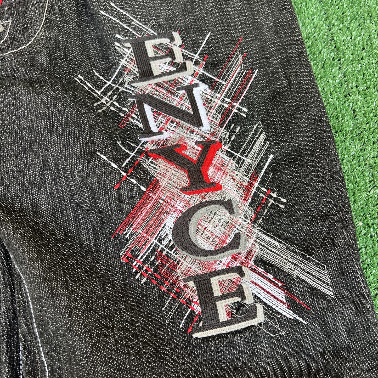 Vintage Y2K Men's Enyce Spellout Embroidered Black Wide-Leg Baggy Jeans 36x32