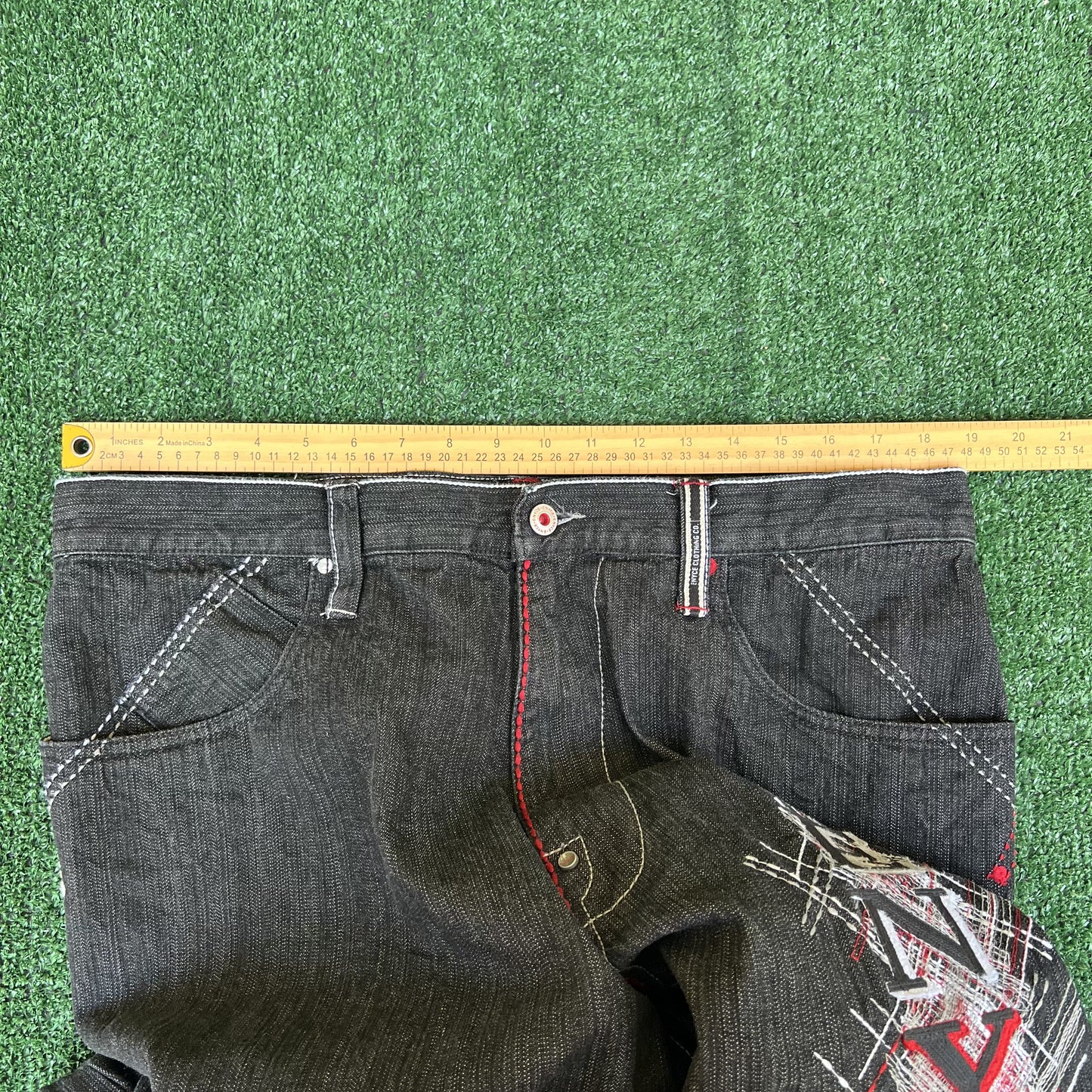 Vintage Y2K Men's Enyce Spellout Embroidered Black Wide-Leg Baggy Jeans 36x32