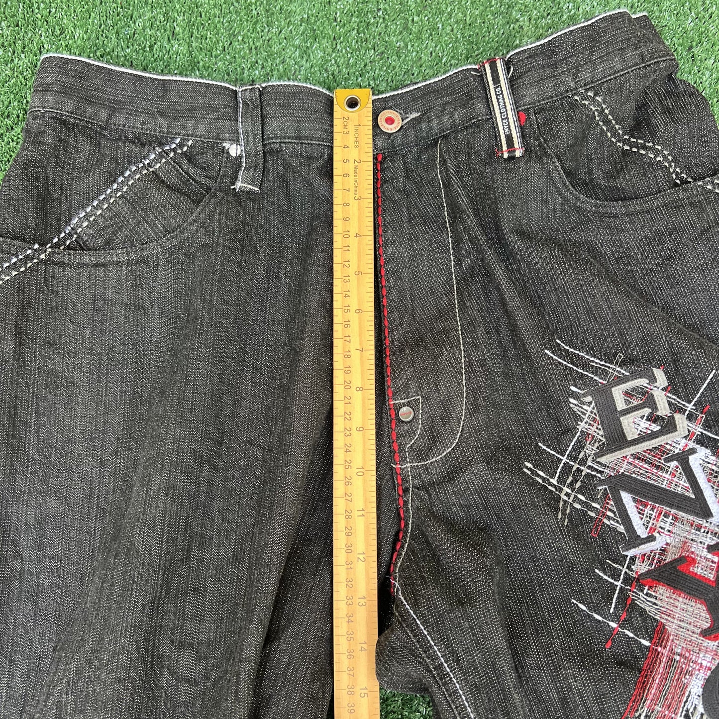 Vintage Y2K Men's Enyce Spellout Embroidered Black Wide-Leg Baggy Jeans 36x32