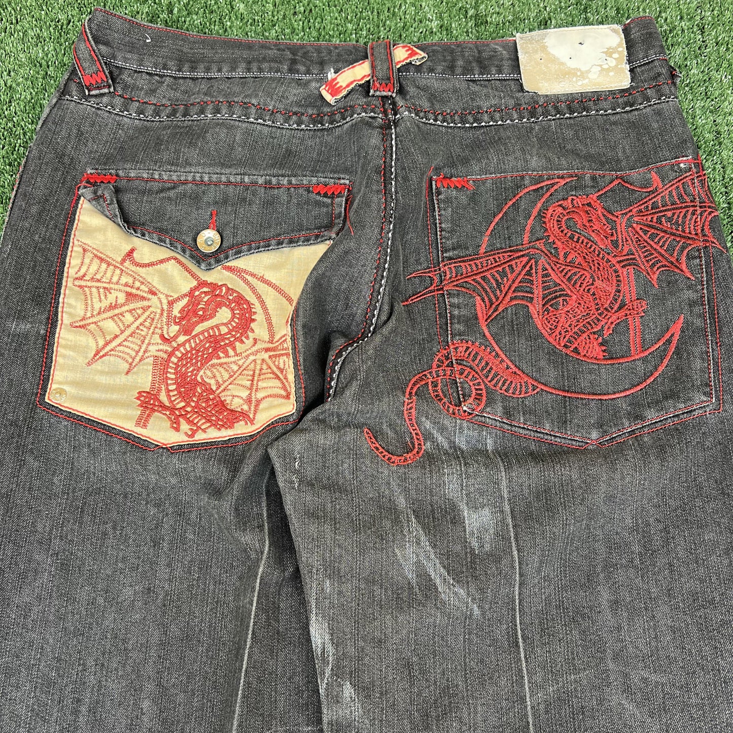 Vintage Y2K Men's GAO Embroidered Dragon Wide-Leg Baggy Black Red Jeans 40x32
