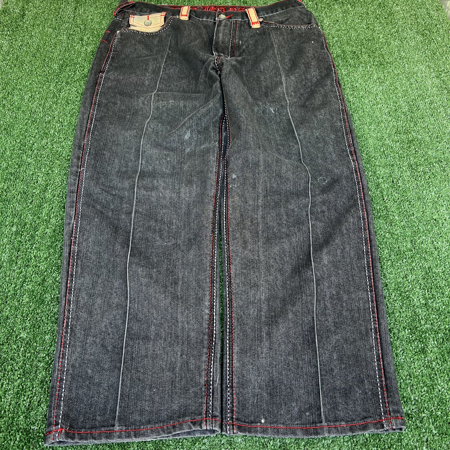 Vintage Y2K Men's GAO Embroidered Dragon Wide-Leg Baggy Black Red Jeans 40x32