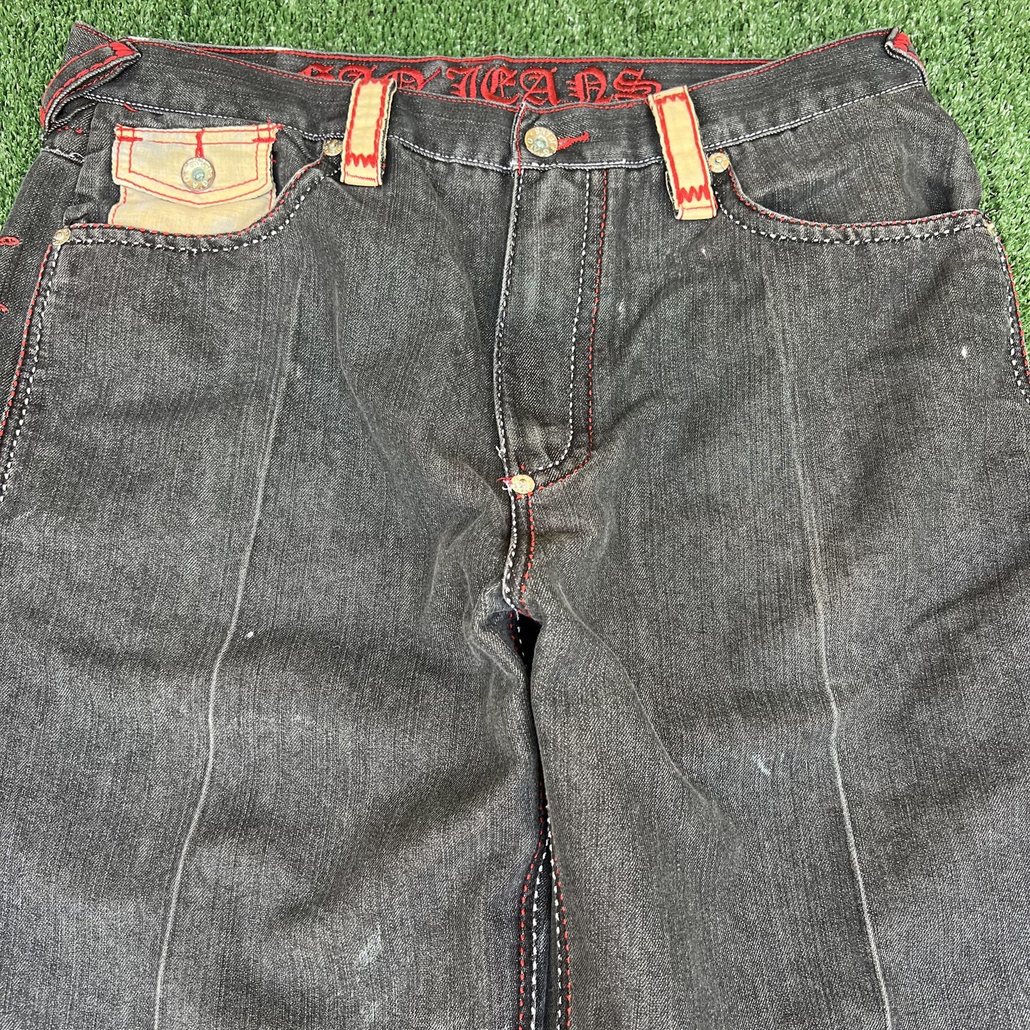 Vintage Y2K Men's GAO Embroidered Dragon Wide-Leg Baggy Black Red Jeans 40x32