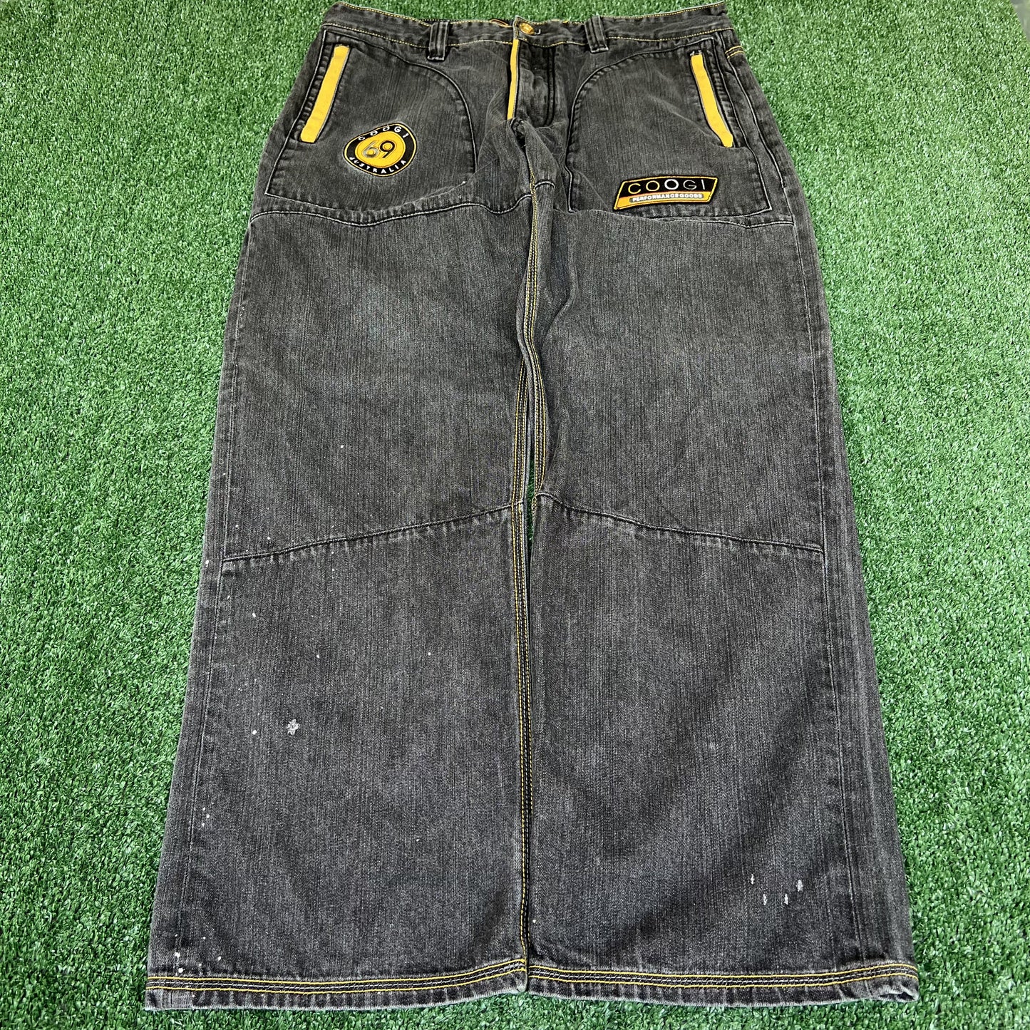 VTG Y2K Coogi Embroidered Faded Black Yellow Racing Wide-Leg Baggy Jeans 38x34"