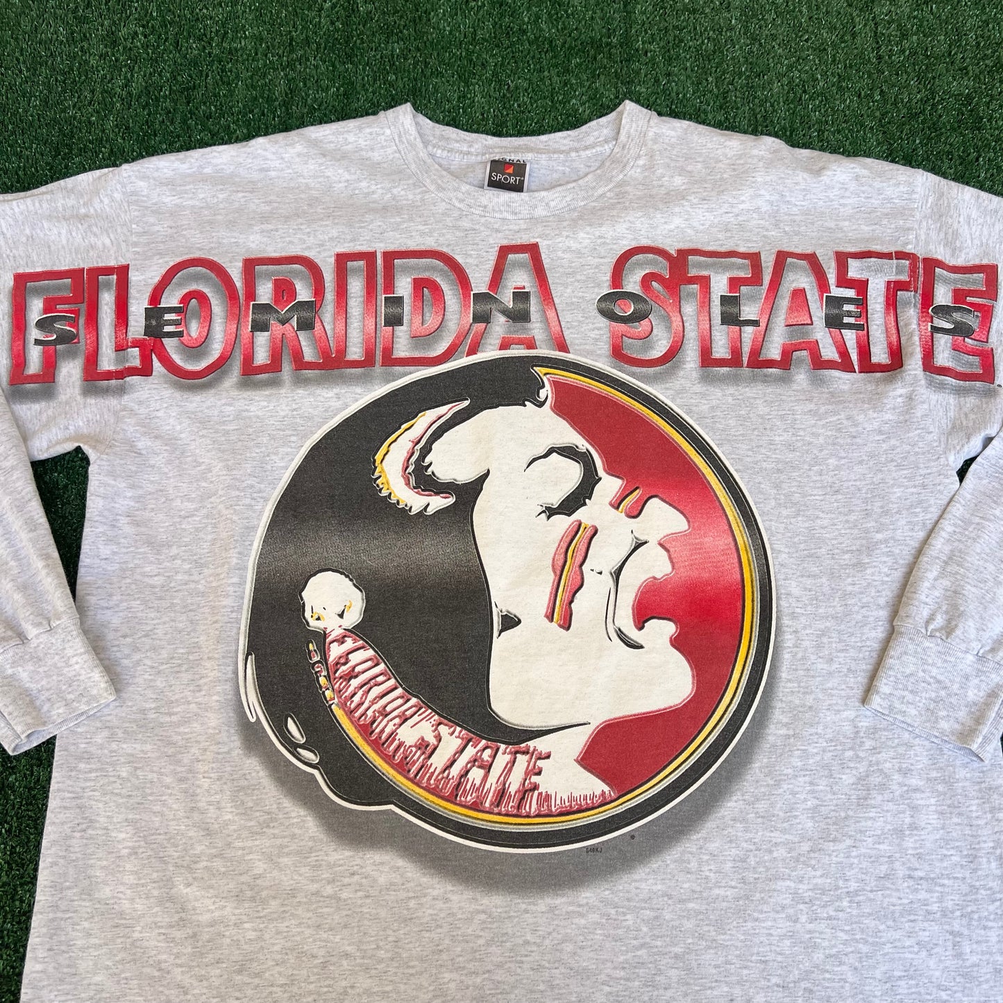 Vintage 90s Men's Florida State Seminoles FSU AOP Spellout Gray LS T-Shirt - XL