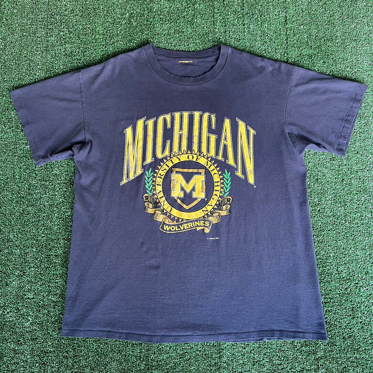 90s Nutmeg Michigan Wolverines UM Blue Distressed T-Shirt - 2XL