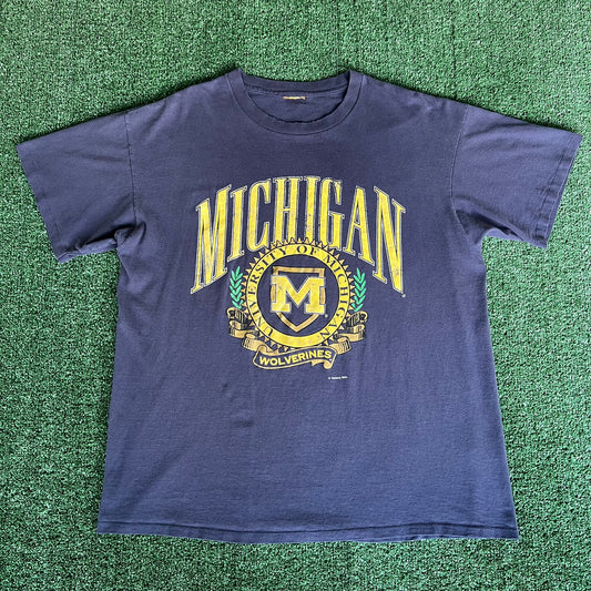 90s Nutmeg Michigan Wolverines UM Blue Distressed T-Shirt - 2XL