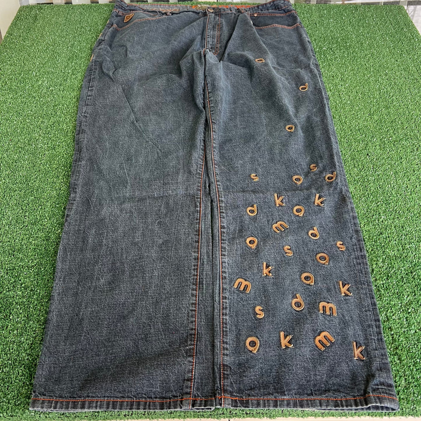 Y2K Akademiks Wide-Leg Alphabet Soup Blue Jeans 44x32" 20" Openings JNCO