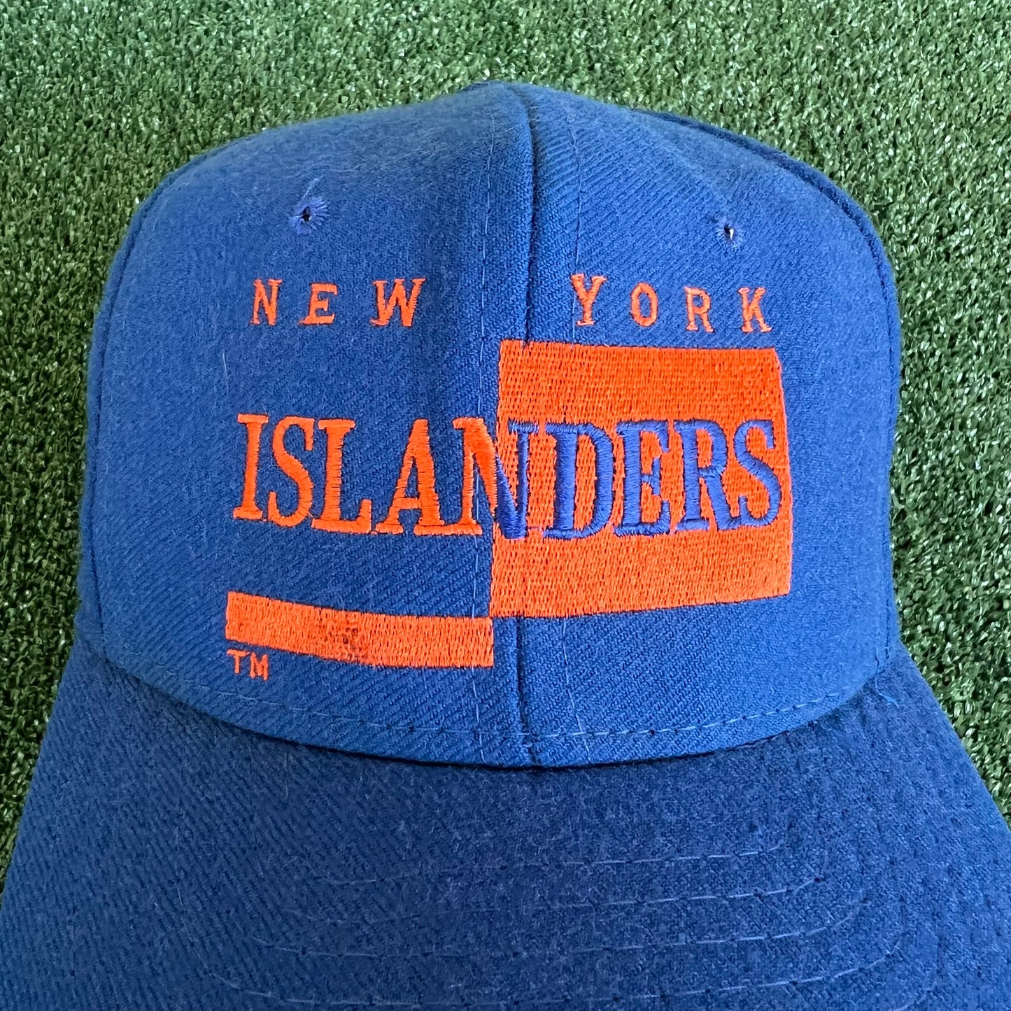 90s AJD NHL New York Islanders Script Spellout Blue Wool Snapback Hat