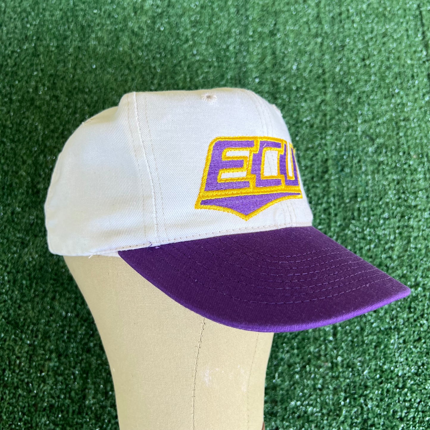 90s East Carolina University Pirates Script White Purple Snapback Hat
