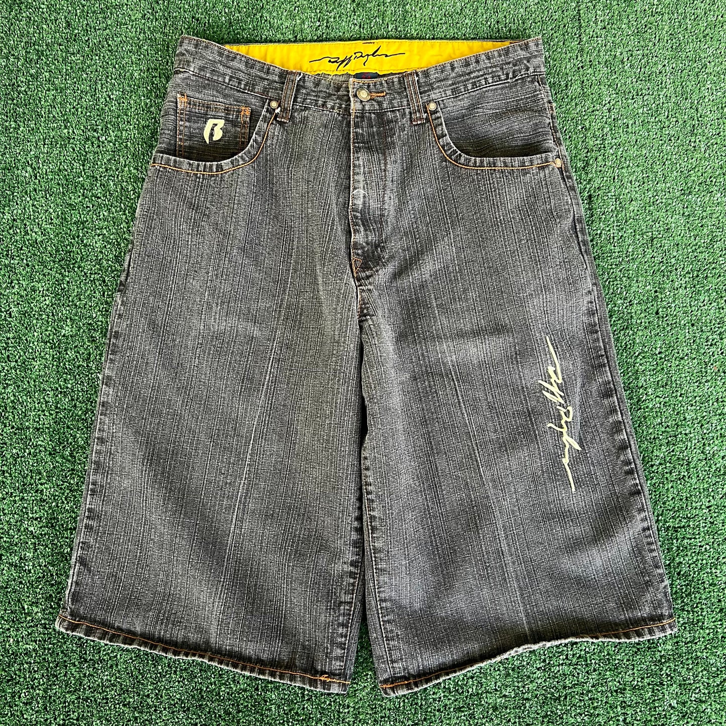 Y2K Ruff Ryders Denim Baggy Spellout Faded Black Jean Shorts - 33x14.25"