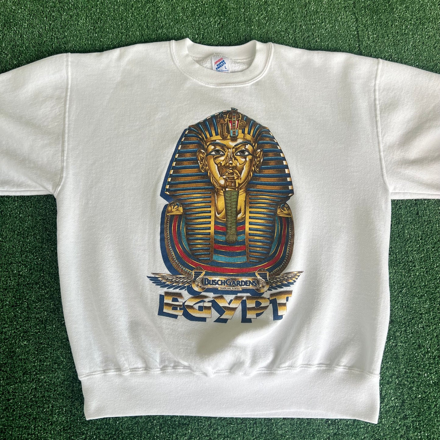 90s Jerzees Busch Gardens Egypt Pharaoh White Crewneck Sweatshirt - Large