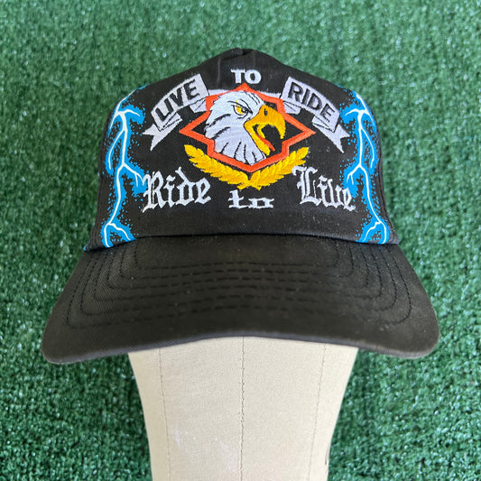 90s "Live to Ride Ride To Live" Bald Eagle AOP Faded Black Lightning Snapback Hat