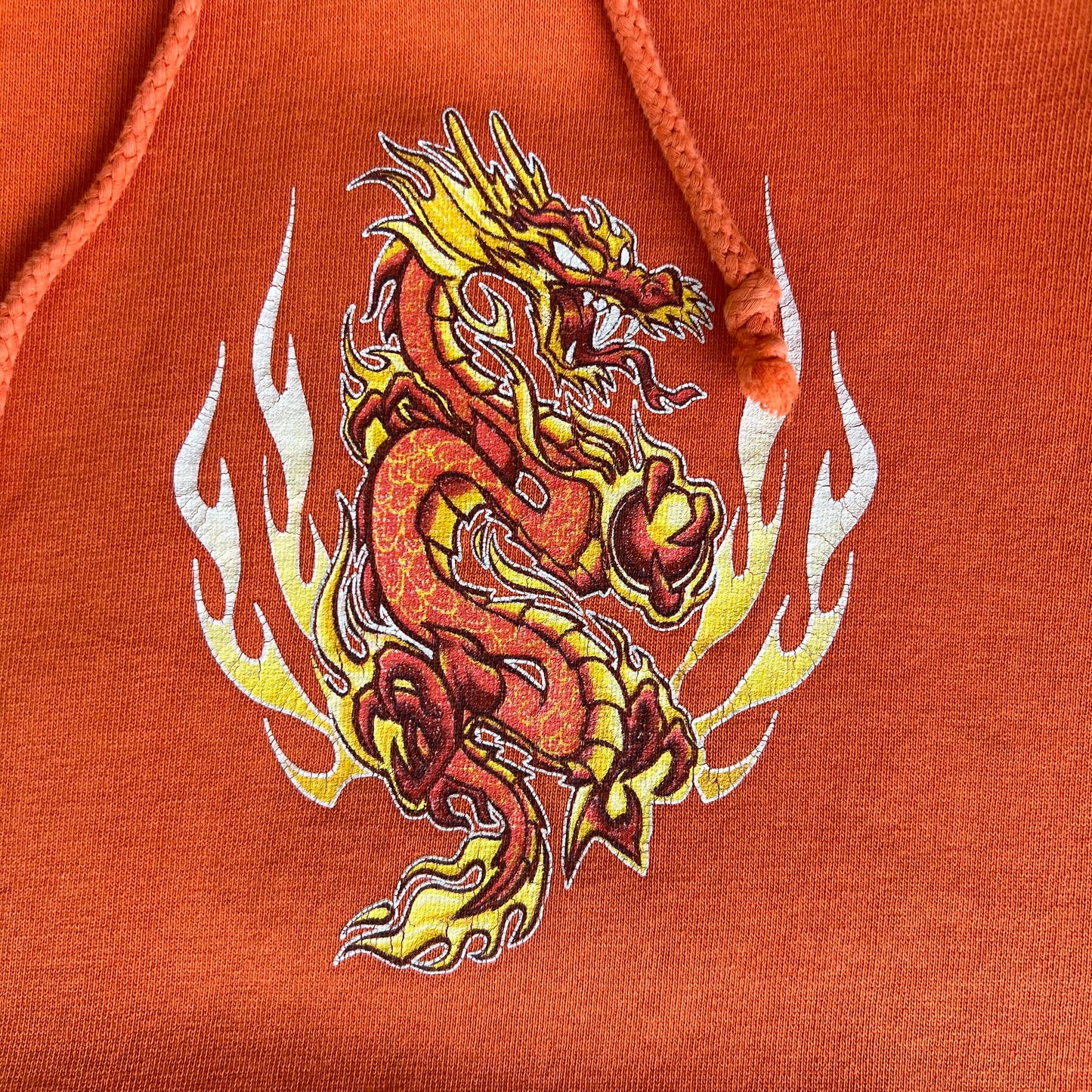 Y2K Year of The Dragon Tribal Flame Skate Distressed Faded Orange Hoodie - XL