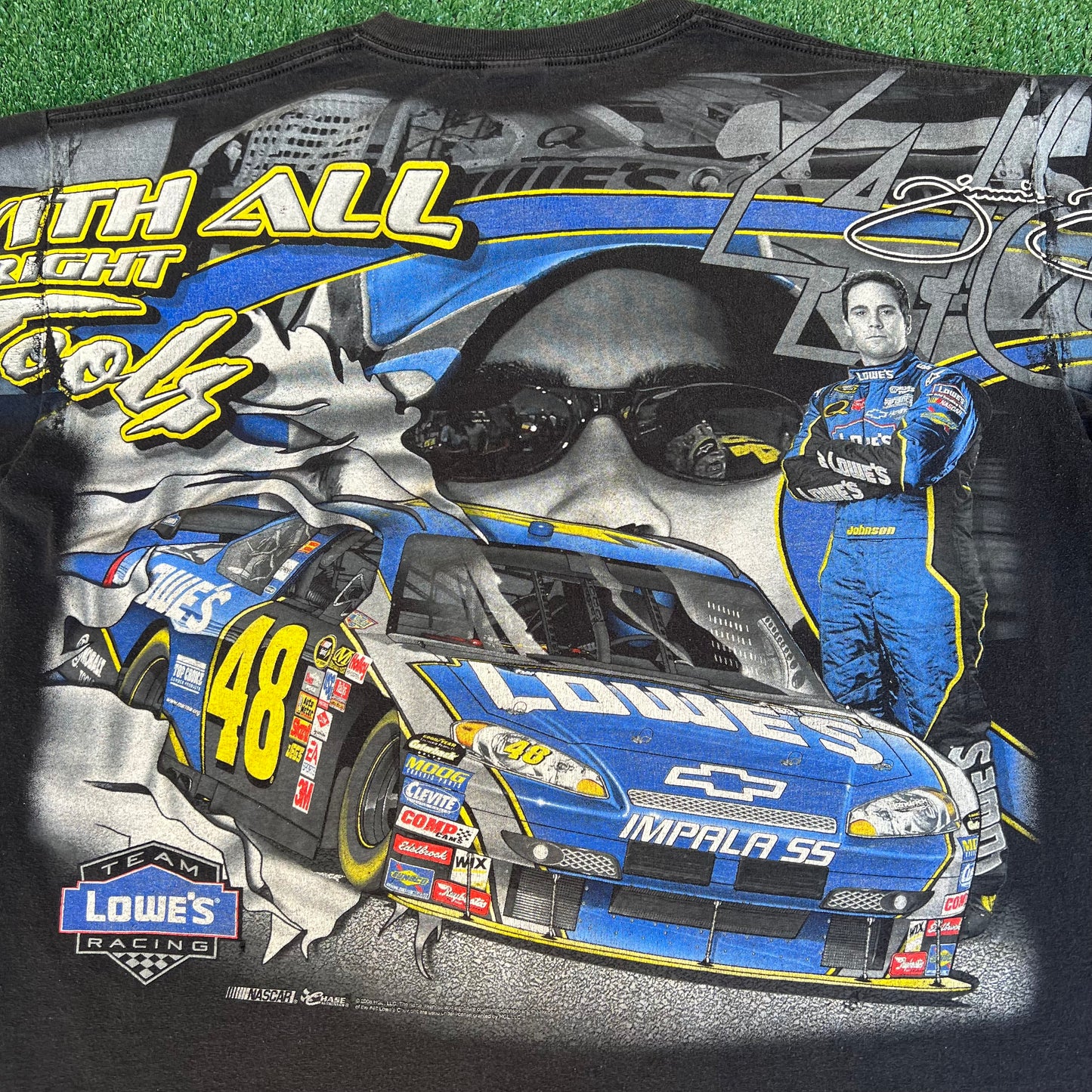 VTG Y2K Mens Chase Authentics Nascar Jimmie Johnson Faded Black AOP T-Shirt - 2XL