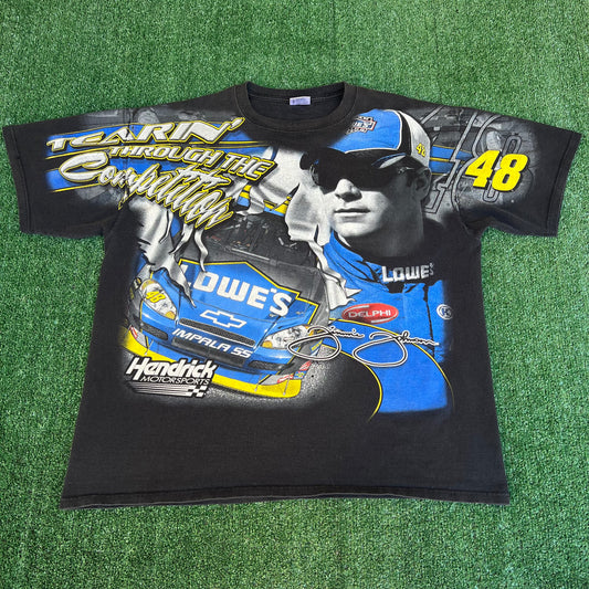 VTG Y2K Mens Chase Authentics Nascar Jimmie Johnson Faded Black AOP T-Shirt - 2XL