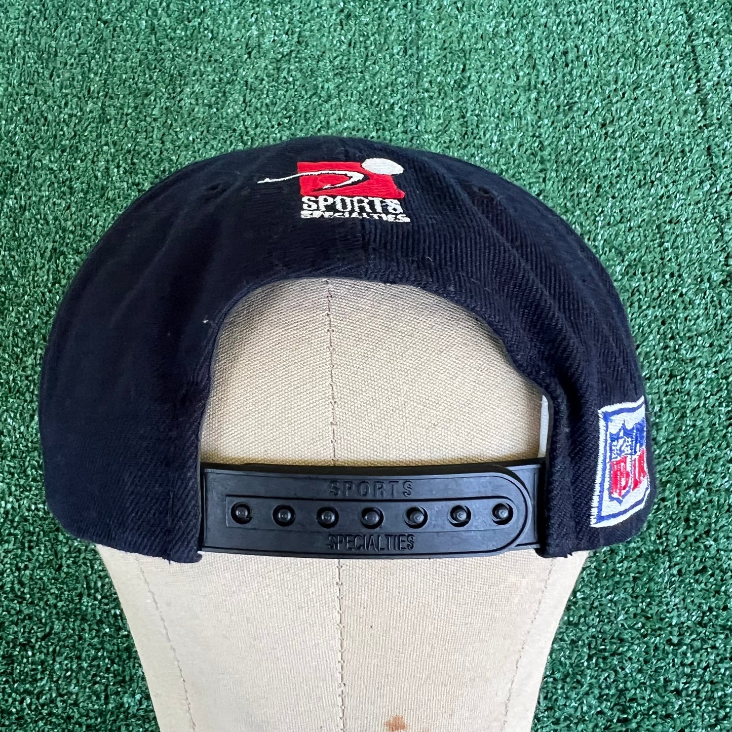 90s Sports Specialties NFL Tampa Bay Buccaneers Laser Grid Script Black Snapback Hat