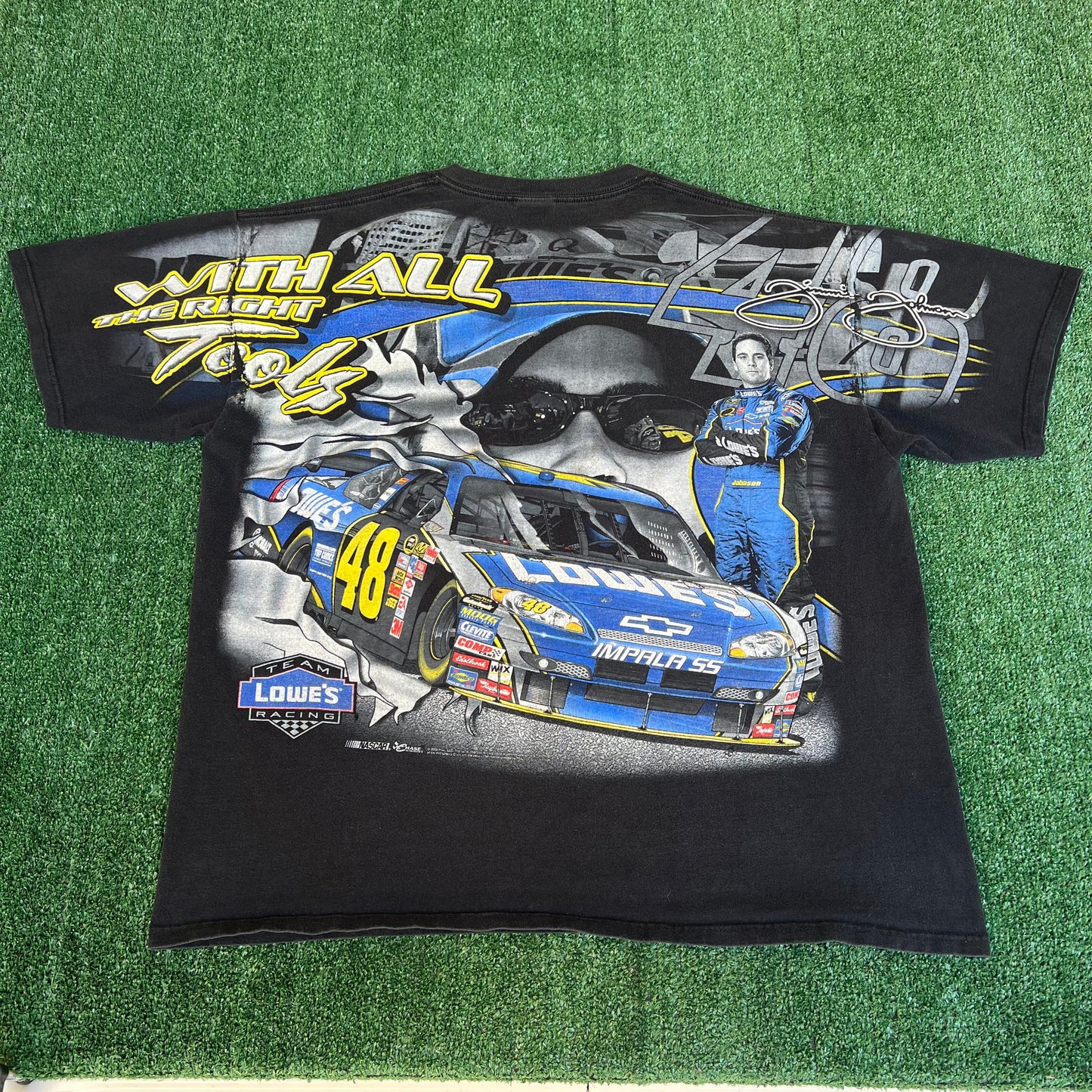 VTG Y2K Mens Chase Authentics Nascar Jimmie Johnson Faded Black AOP T-Shirt - 2XL