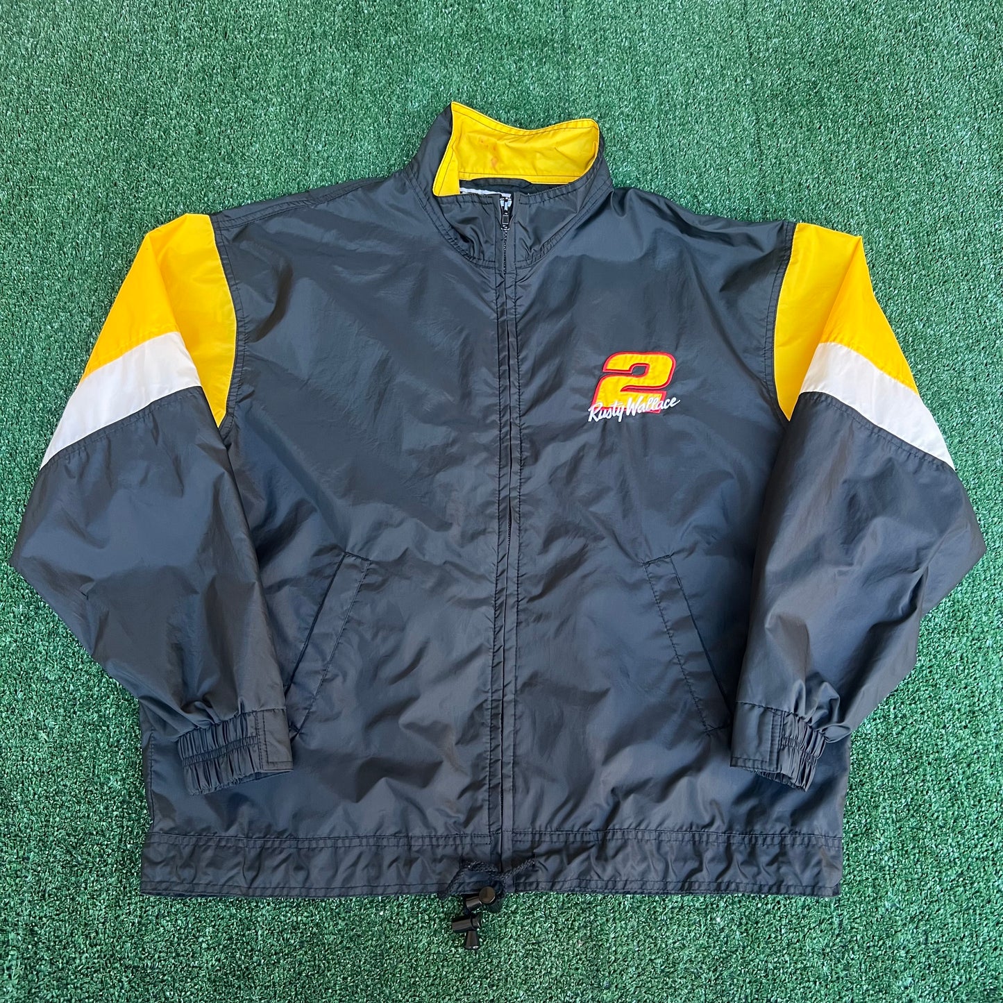 VTG 90s Nutmeg Nascar Rusty Wallace 2 Black White Yellow Colorblock Jacket - Large