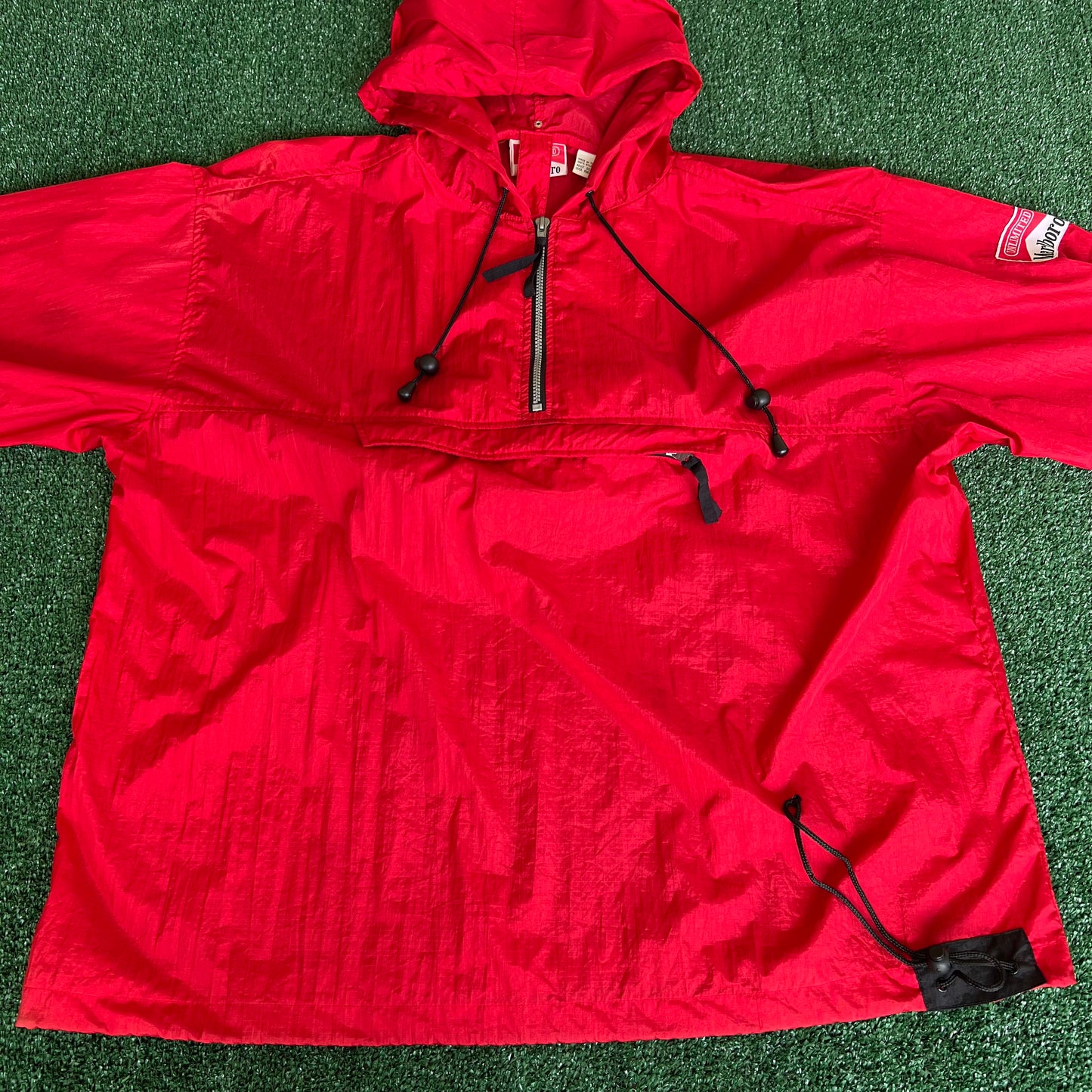 90s Marlboro Cigarettes Packable Red Hooded Windbreaker Jacket - Large