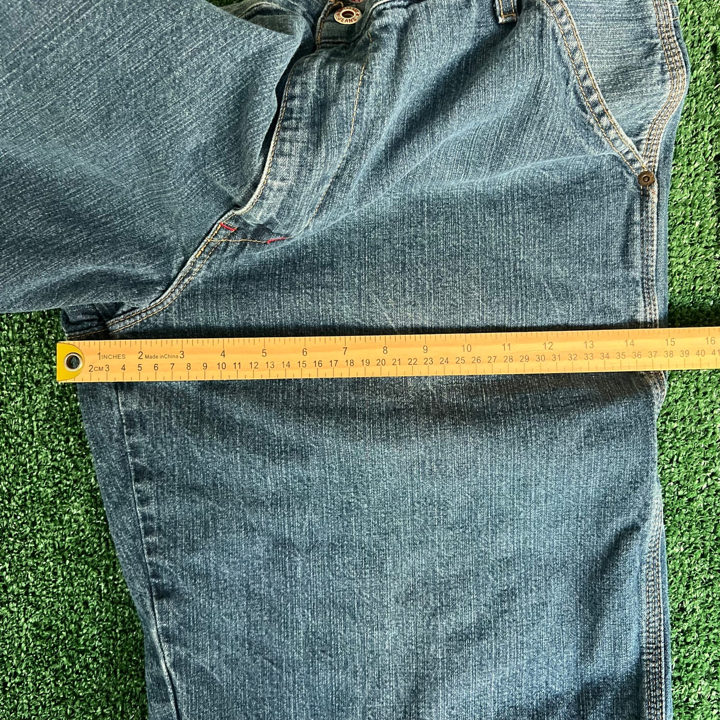 Y2K Tommy Hilfiger Flag Baggy Carpenter Cargo Blue Jean Shorts - 35x12"
