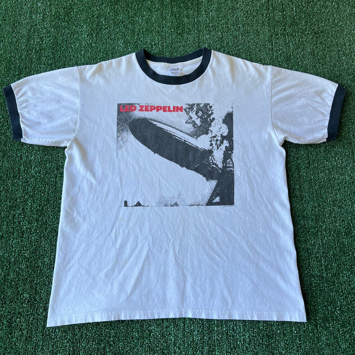 Y2K 2003 Led Zepplin I Album Cover Band White Black Ringer T-Shirt - Large