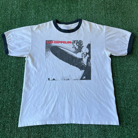 Y2K 2003 Led Zepplin I Album Cover Band White Black Ringer T-Shirt - Large