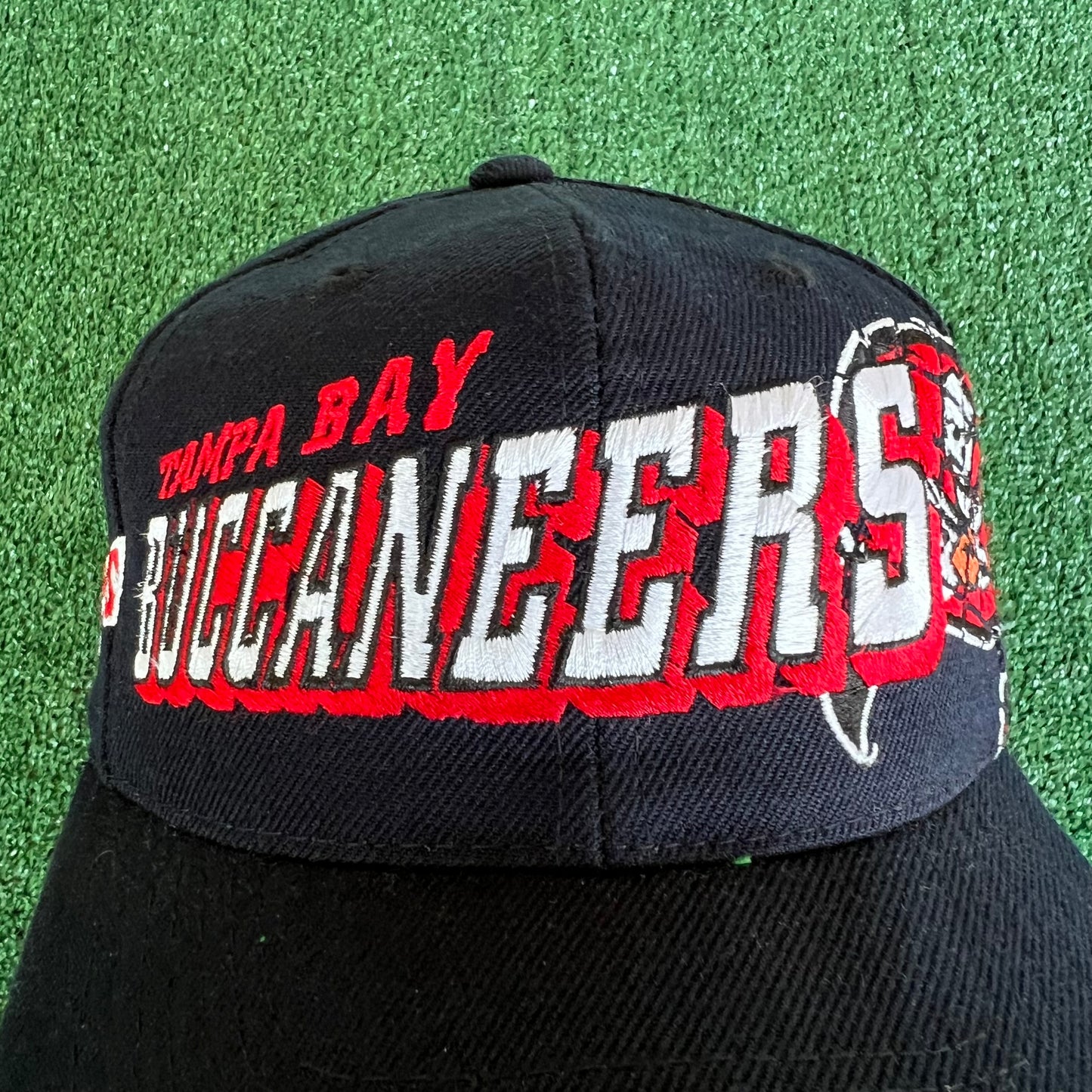 90s Sports Specialties NFL Tampa Bay Buccaneers Laser Grid Script Black Snapback Hat