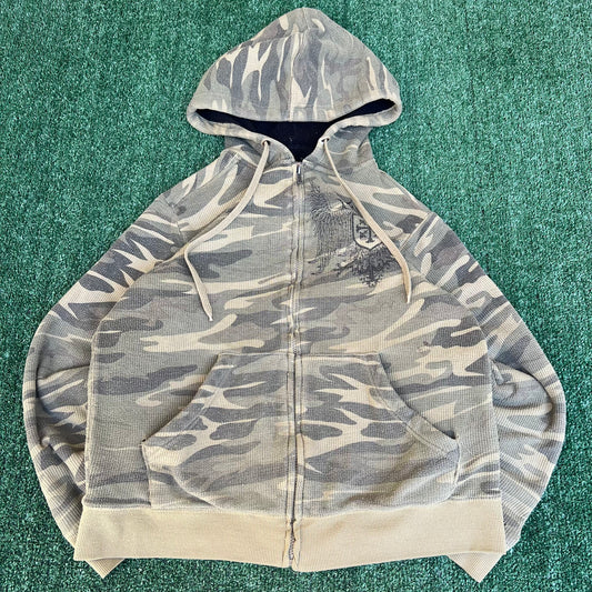 VTG Y2K Men's Woodland Camouflage Tribal Sherpa Zip Up Distressed Hoodie - Small