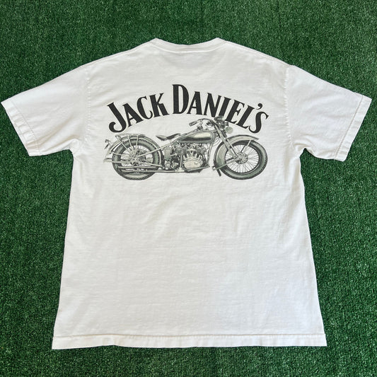 VTG Y2K Jack Daniels Whiskey Promo Center Logo Motorcycle White T-Shirt - Large