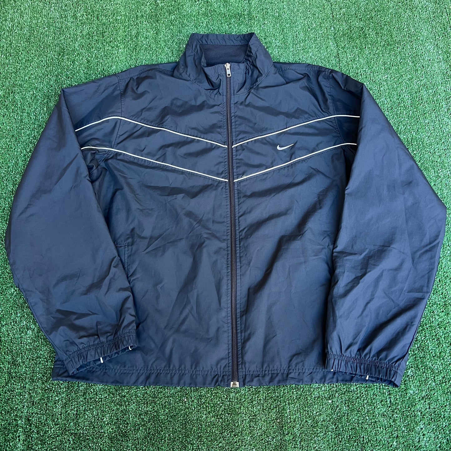 Vintage Y2K Men's Nike Baggy Navy Blue Striped Full Zip Windbreaker Jacket - 2XL