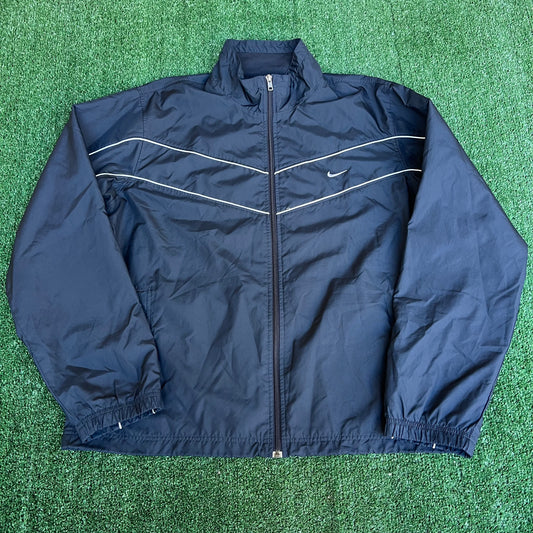 Vintage Y2K Men's Nike Baggy Navy Blue Striped Full Zip Windbreaker Jacket - 2XL