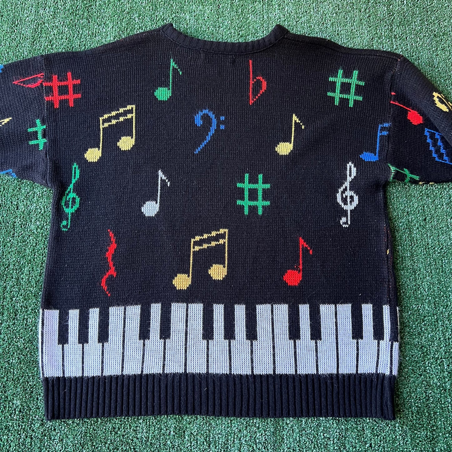 80s Albert Elovitz AOP All Over Knit Acrylic Piano Key Music Note Sweater - XL