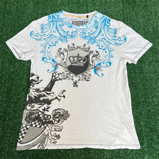 Vintage Y2K Mens David Bitton AOP Tribal Crown White T-Shirt Small Jesse Pinkman