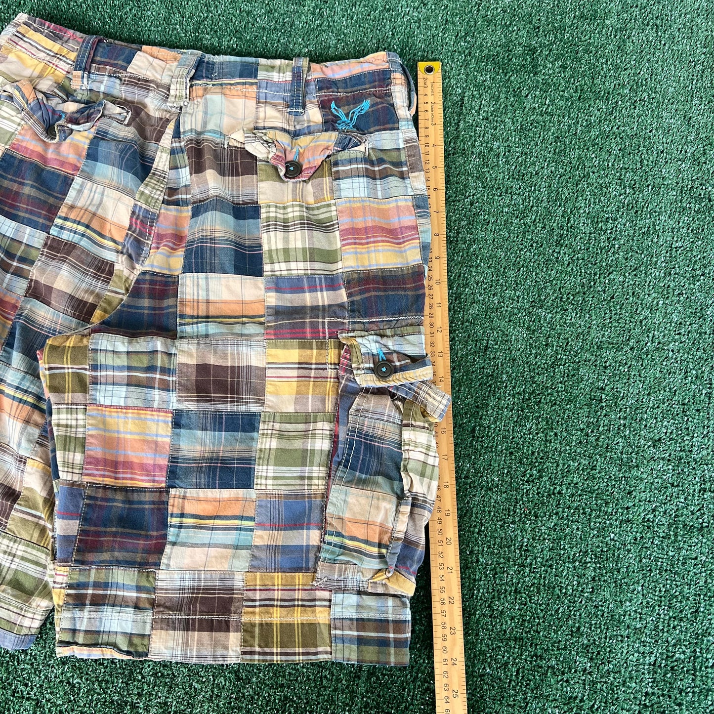 Y2K American Eagle Plaid Patchwork Baggy Cargo Shorts - 36x12"