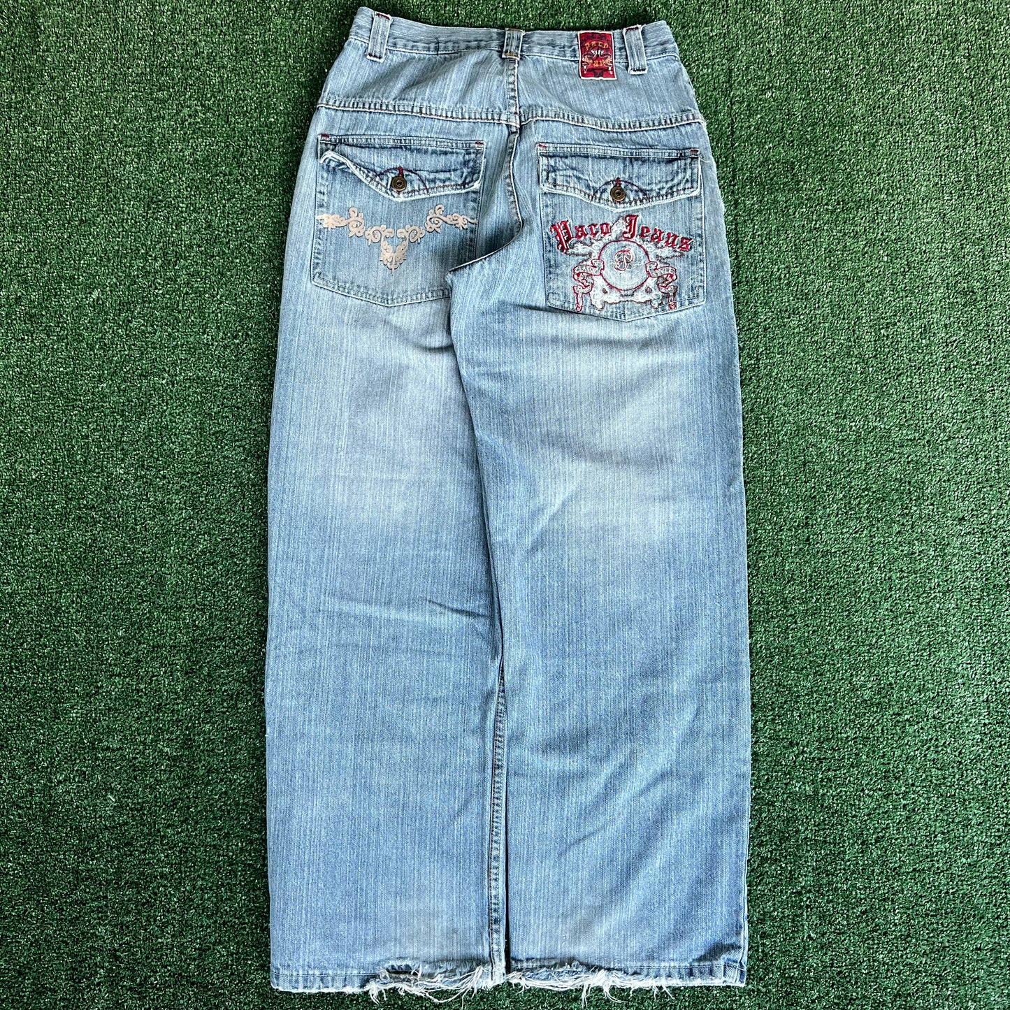 Y2K PACO Jeans Blue Tribal Embroidered Baggy Jeans 30x29.5" 19" Openings