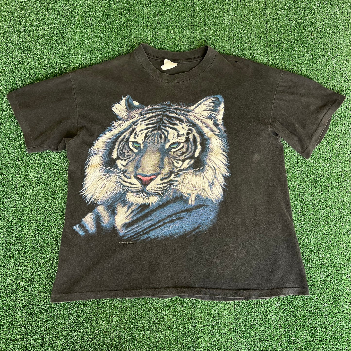 90s White Tiger Distressed Faded Black Boxy Single Stitch T-Shirt - Large
