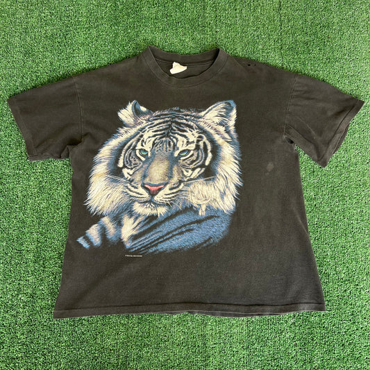 90s White Tiger Distressed Faded Black Boxy Single Stitch T-Shirt - Large