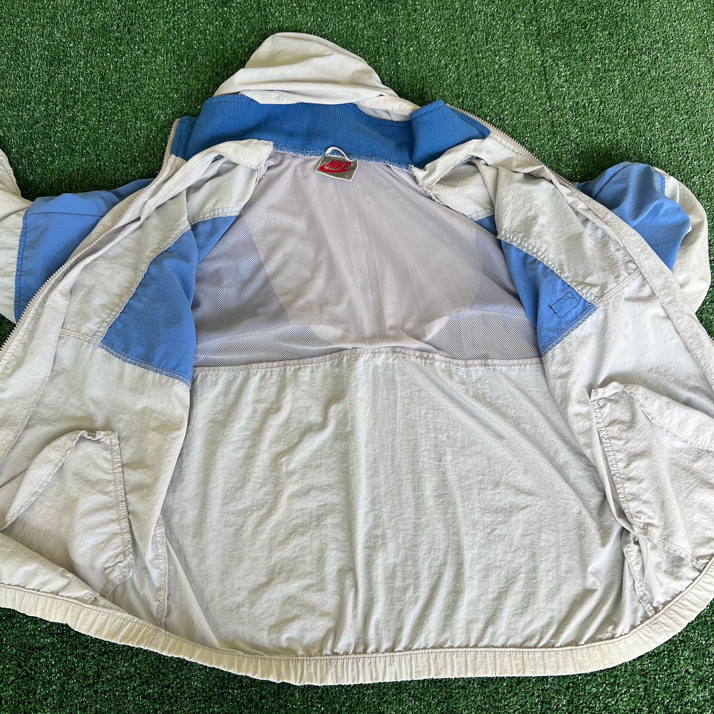 80s Nike Gray Blue Boxy Hooded Windbreaker Jacket - Large