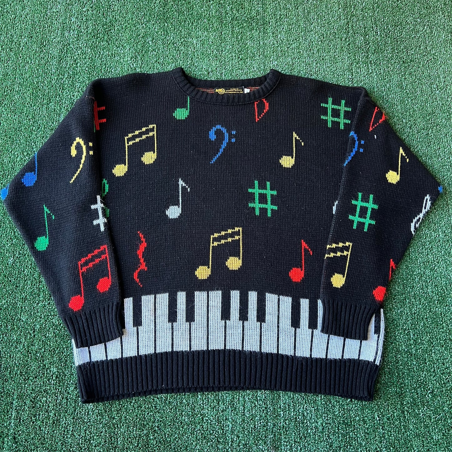 80s Albert Elovitz AOP All Over Knit Acrylic Piano Key Music Note Sweater - XL