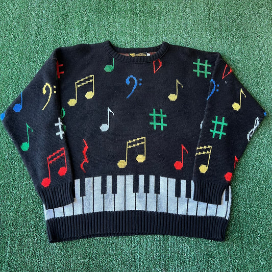 80s Albert Elovitz AOP All Over Knit Acrylic Piano Key Music Note Sweater - XL