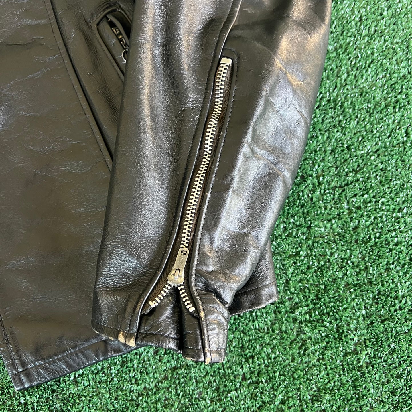 70s Mens 100% Genuine Thick Leather Black Motorcycle Jacket Medium 22x26