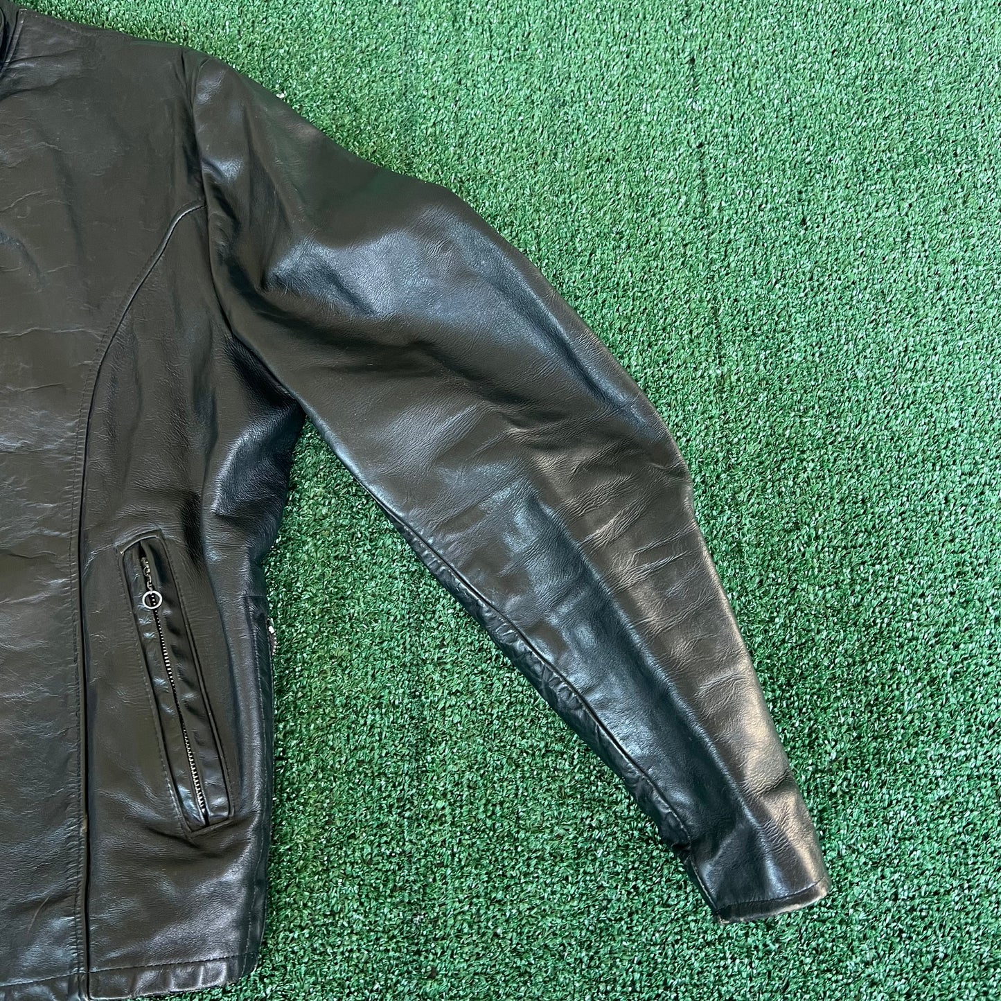 70s Mens 100% Genuine Thick Leather Black Motorcycle Jacket Medium 22x26